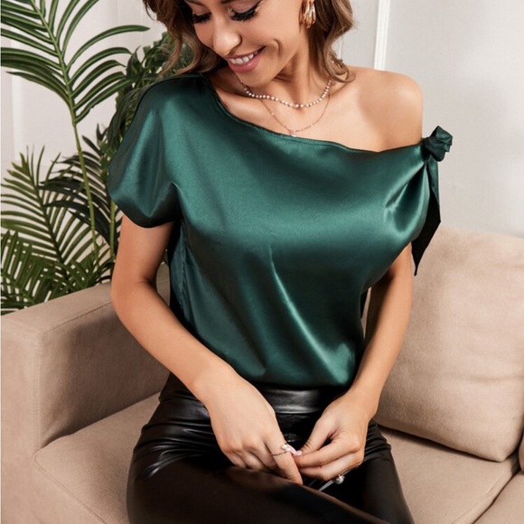 Luxe Satin Tie Shoulder Asymmetrical Neck Top Blouse Shirt Blush Dusty Pink - Picture 15 of 16